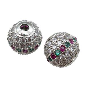 round copper beads paved zircon, platinum plated, approx 10mm dia [FN22735-10MM]
