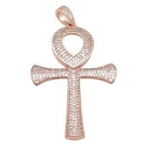 Copper Ankh Cross Pendant Pave Zircon Rose Gold, approx 33-48mm [FN22755]