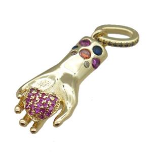 copper hand charmpendant pave zircon, heart, gold plated, approx 11-25mm, 5-9mm [FN22811]