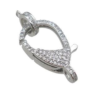 copper Lobster Clasp pave zircon, platinum plated, approx 12-23mm [FN22836]