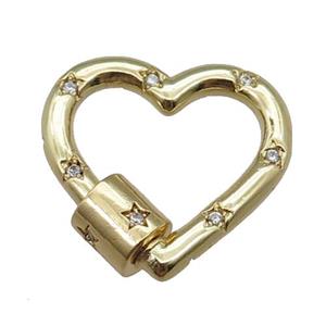 Copper Carabiner Clasp Pave Zircon Heart Gold plated, approx 22mm [FN22852]