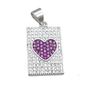 copper rectangle pendant pave zircon, heart, platinum plated, approx 12-18mm [FN22877]