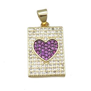 copper rectangle pendant pave zircon, heart, gold plated, approx 12-18mm [FN22878]