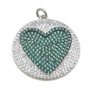 copper circle pendant pave zircon, heart, platinum plated, approx 25mm [FN22890]