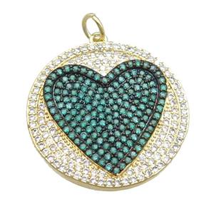 copper circle pendant pave green zircon, heart, gold plated, approx 25mm [FN22891]