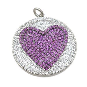 copper circle pendant pave zircon, heart, platinum plated, approx 25mm [FN22893]