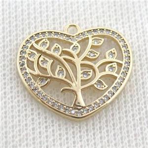 copper heart pendant pave zircon, treeoflife gold plated, approx 20-23mm [FN22927]
