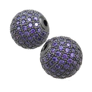 round copper beads paved purple zircon, black plated, approx 12mm dia [FN22937-12MM]