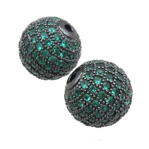 round copper beads paved green zircon, black plated, approx 10mm dia [FN22939-10MM]