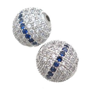 copper beads pave zircon, round, platinum plated, approx 10mm dia [FN22941-10MM]