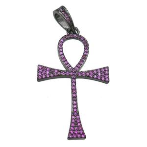 Copper Ankh Cross Pendant Pave Fuchsia Zircon Black Plated, approx 22-36mm [FN22949]