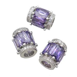 copper tube beads pave purple zircon, platinum plated, approx 10x12mm, 5mm hole [FN22950]