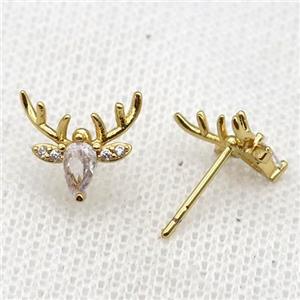 copper Reindeer Stud Earring paved zircon, gold plated, approx 10-11mm [FN22956]