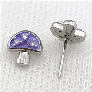 copper mushroom Stud Earring with purple Enameled, platinum plated, approx 9mm [FN22962]