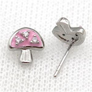 copper mushroom Stud Earring with pink Enameled, platinum plated, approx 9mm [FN22963]