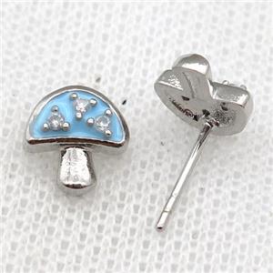copper mushroom Stud Earring with blue Enameled, platinum plated, approx 9mm [FN22965]