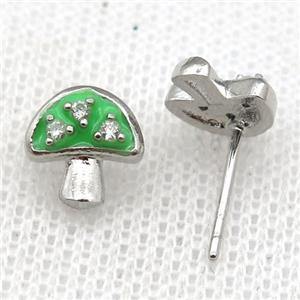 copper mushroom Stud Earring with green Enameled, platinum plated, approx 9mm [FN22966]