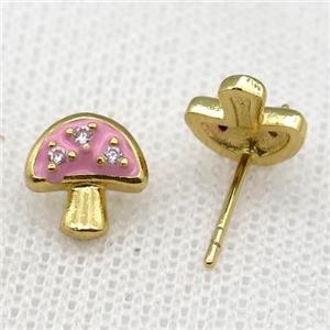 copper mushroom Stud Earring with pink Enameled, gold plated, approx 9mm [FN22970]