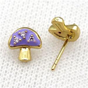 copper mushroom Stud Earring with purple Enameled, gold plated, approx 9mm [FN22972]