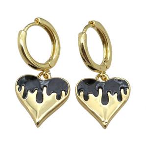 copper Hoop Earrings with Heart Black Enamel, gold plated, approx 14mm, 14mm dia [FN22994]