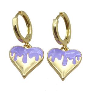 copper Hoop Earrings with Heart Purple Enamel, gold plated, approx 14mm, 14mm dia [FN22996]
