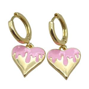 copper Hoop Earrings with Heart Pink Enamel, gold plated, approx 14mm, 14mm dia [FN22997]