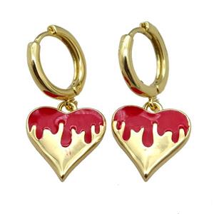 copper Hoop Earrings with Heart Red Enamel, gold plated, approx 14mm, 14mm dia [FN22998]