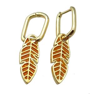 copper Latchback Earrings with Enamel Leaf, gold plated, approx 9-23mm, 12x16mm [FN22999]