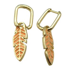copper Latchback Earrings with Enamel Leaf, gold plated, approx 9-23mm, 12x16mm [FN23000]