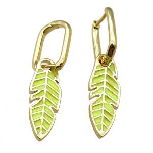 copper Latchback Earrings with Olive Enamel Leaf, gold plated, approx 9-23mm, 12x16mm [FN23001]
