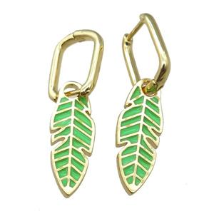 copper Latchback Earrings with Green Enamel Leaf, gold plated, approx 9-23mm, 12x16mm [FN23002]