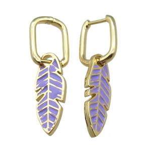 copper Latchback Earrings with Purple Enamel Leaf, gold plated, approx 9-23mm, 12x16mm [FN23004]