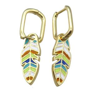 copper Latchback Earrings with Rainbow Enamel Leaf, gold plated, approx 9-23mm, 12x16mm [FN23005]