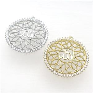 copper circle pendant pave zircon, mixed, approx 38mm dia [FN23008]