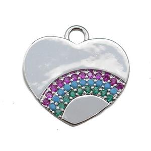copper heart pendant pave rainbow zircon, platinum plated, approx 20mm [FN23021]