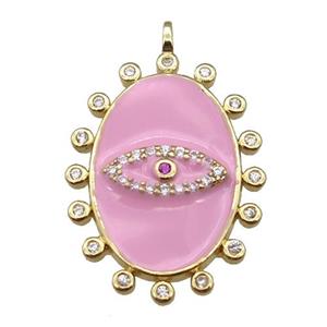 copper oval Eye pendant pave zircon with pink enamel, gold plated, approx 17.5-25mm [FN23040]