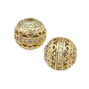 copper round beads pave zircon, hollow, gold plated, approx 9.5mm dia [FN23047]