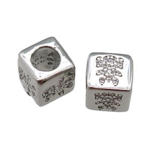 European Style copper cube beads pave zircon, kid, platinum plated, approx 7.5mm, 4mm hole [FN23048]