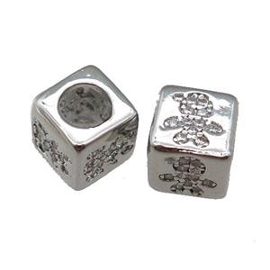 European Style copper cube beads pave zircon, kid, platinum plated, approx 7.5mm, 4mm hole [FN23049]