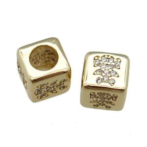 European Style copper cube beads pave zircon, kid, large hole, gold plated, approx 7.5mm, 4mm hole [FN23050]