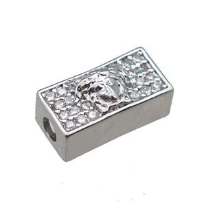 copper cuboid beads pave zircon, large hole, platinum plated, approx 6x13x5mm, 3mm hole [FN23052]