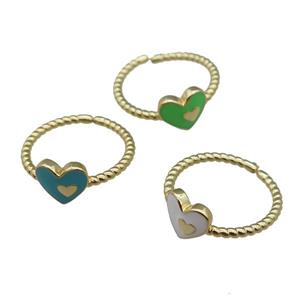 copper Ring with enamel heart, mix, adjustable, gold plated, approx 9mm, 18mm dia [FN23060]