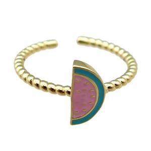 adjustable copper Rings with pink enamel watermelon, gold plated, approx 5.5x11mm, 18mm dia [FN23063]