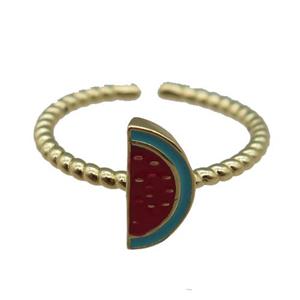 adjustable copper Rings with dp.red enamel watermelon, gold plated, approx 5.5x11mm, 18mm dia [FN23064]