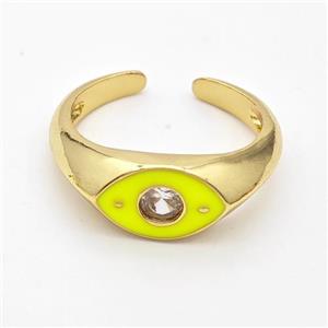 Copper Eye Ring Pave Zirconia Yellow Enamel Gold Plated, approx 8mm, 18mm dia [FN23082]
