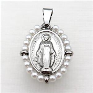 stainless steel Jesus pendant with pearlized glass, approx 23-30mm [FN23104]