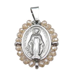 stainless steel Jesus pendant with crystal glass, approx 23-30mm [FN23105]