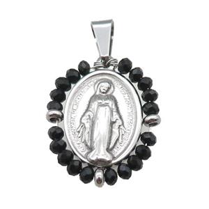 stainless steel Jesus pendant with black crystal glass, approx 23-30mm [FN23106]