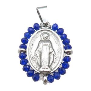 stainless steel Jesus pendant with blue crystal glass, approx 23-30mm [FN23107]
