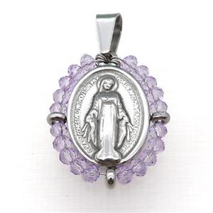stainless steel Jesus pendant with lavender crystal glass, approx 23-30mm [FN23109]